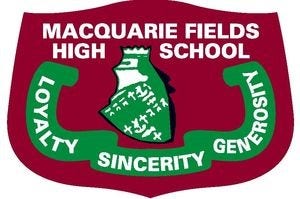 Old school logo with a medieval knight on a shield above a ribbon with the school motto.
